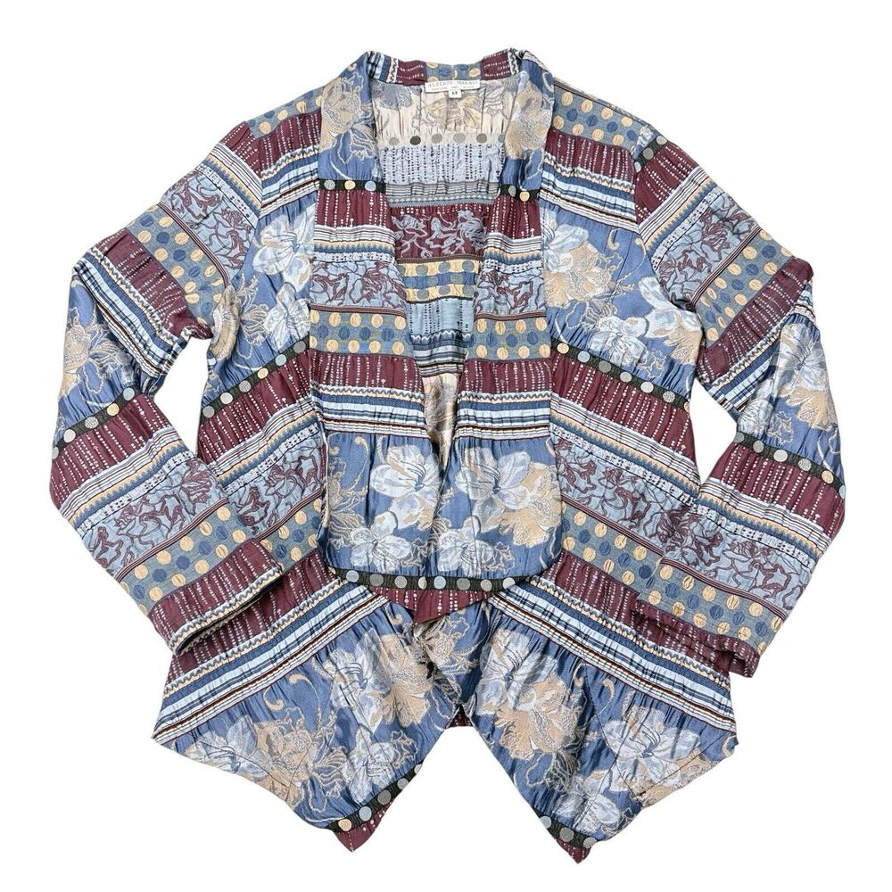 Alberto Makali Jacket Womens Size Medium Red Blue Open Front Satin Floral Stripe